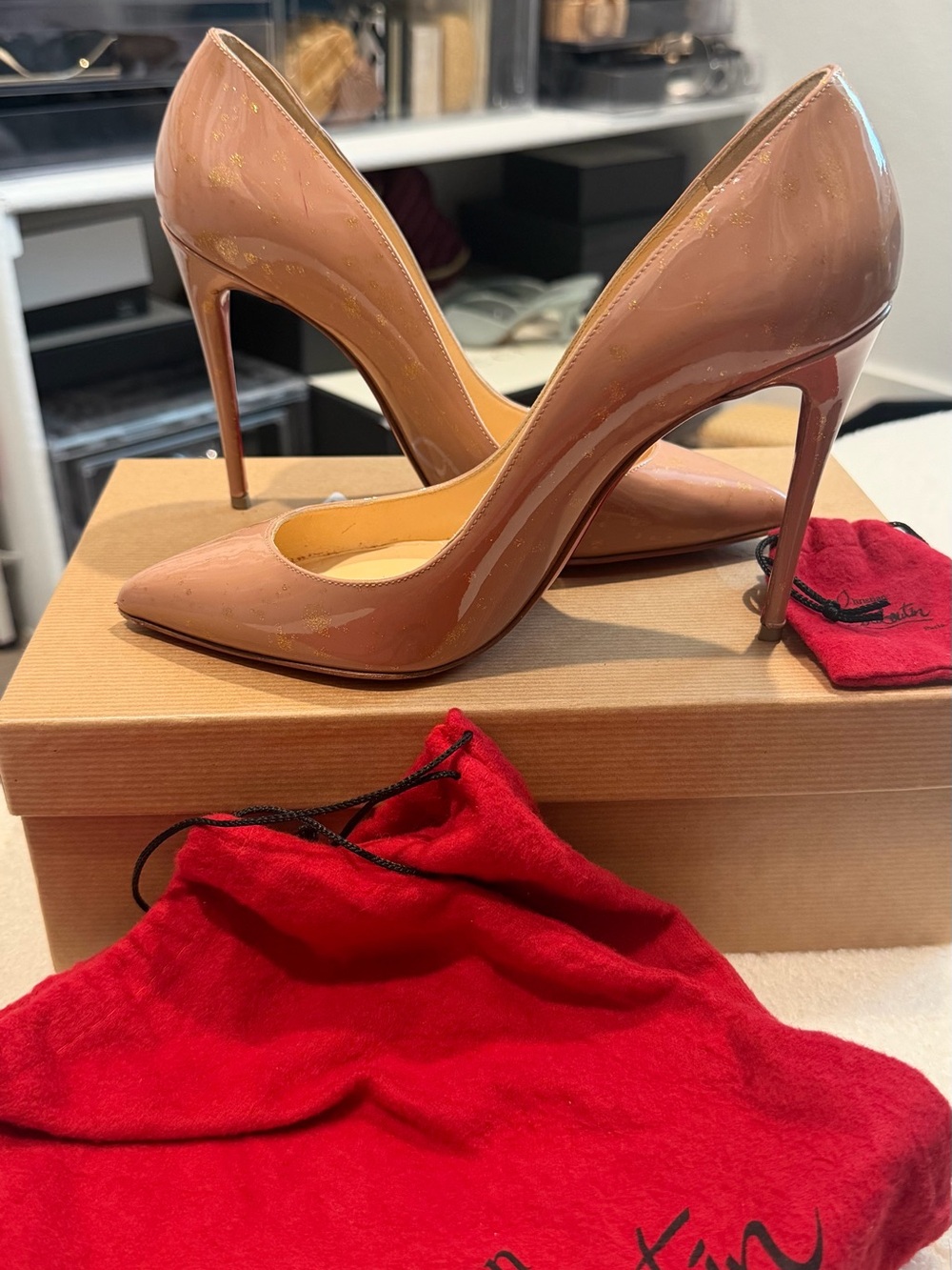 Christian Louboutin Nude Patent Pointed Toe Stiletto Pumps